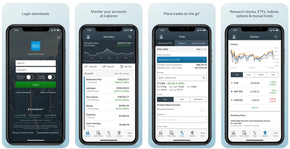 charles schwab mobile app interface screenshots