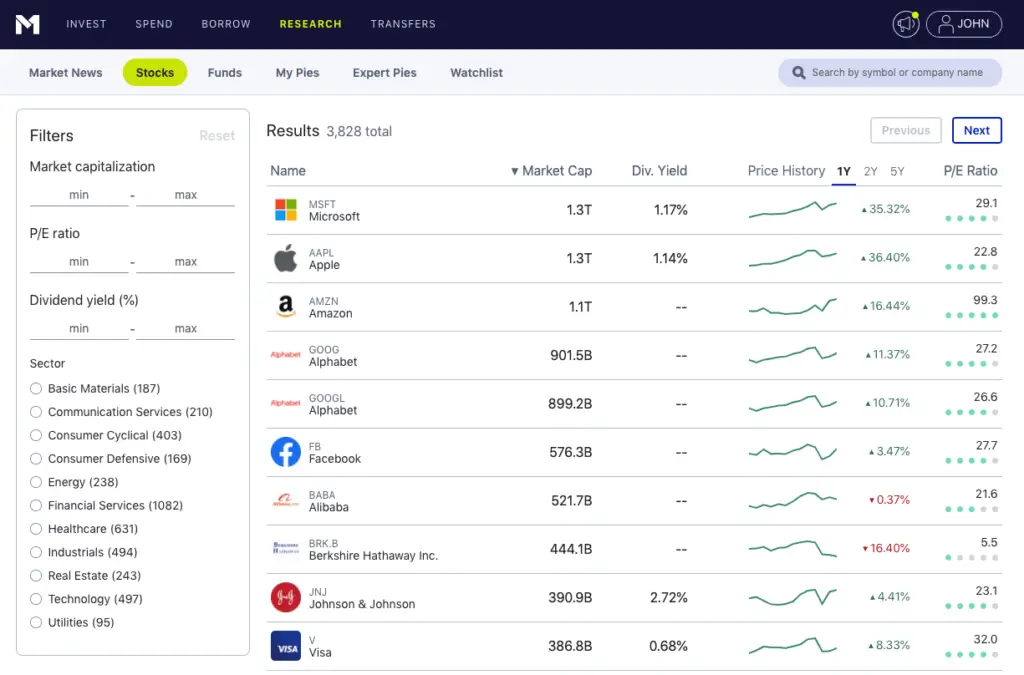 m1 finance research filters screenshot