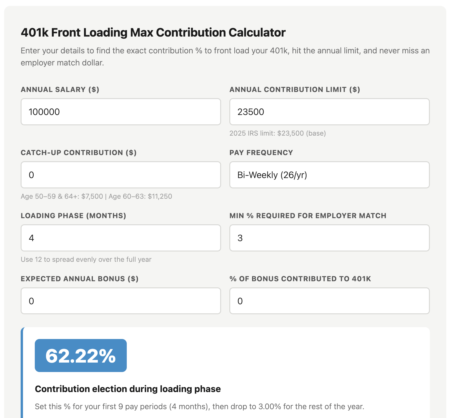 401k max contribution calculator screenshot
